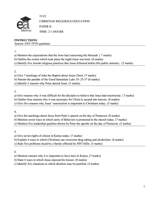 KCSE MOCKS - FORM 4 TERM 1 - CRE PAPER 2 WITH ANSWERS MODEL2025022200111