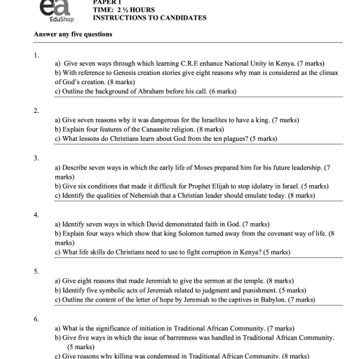 KCSE MOCKS - FORM 4 TERM 1 - CRE PAPER 1 WITH ANSWERS MODEL2025022200111