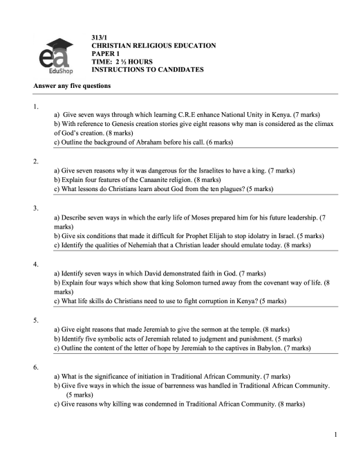 KCSE MOCKS - FORM 4 TERM 1 - CRE PAPER 1 WITH ANSWERS MODEL2025022200111