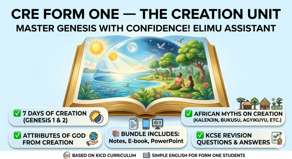 CRE Form One Creation and the Fall of Humankind notes cover with Genesis 1:1 reference.