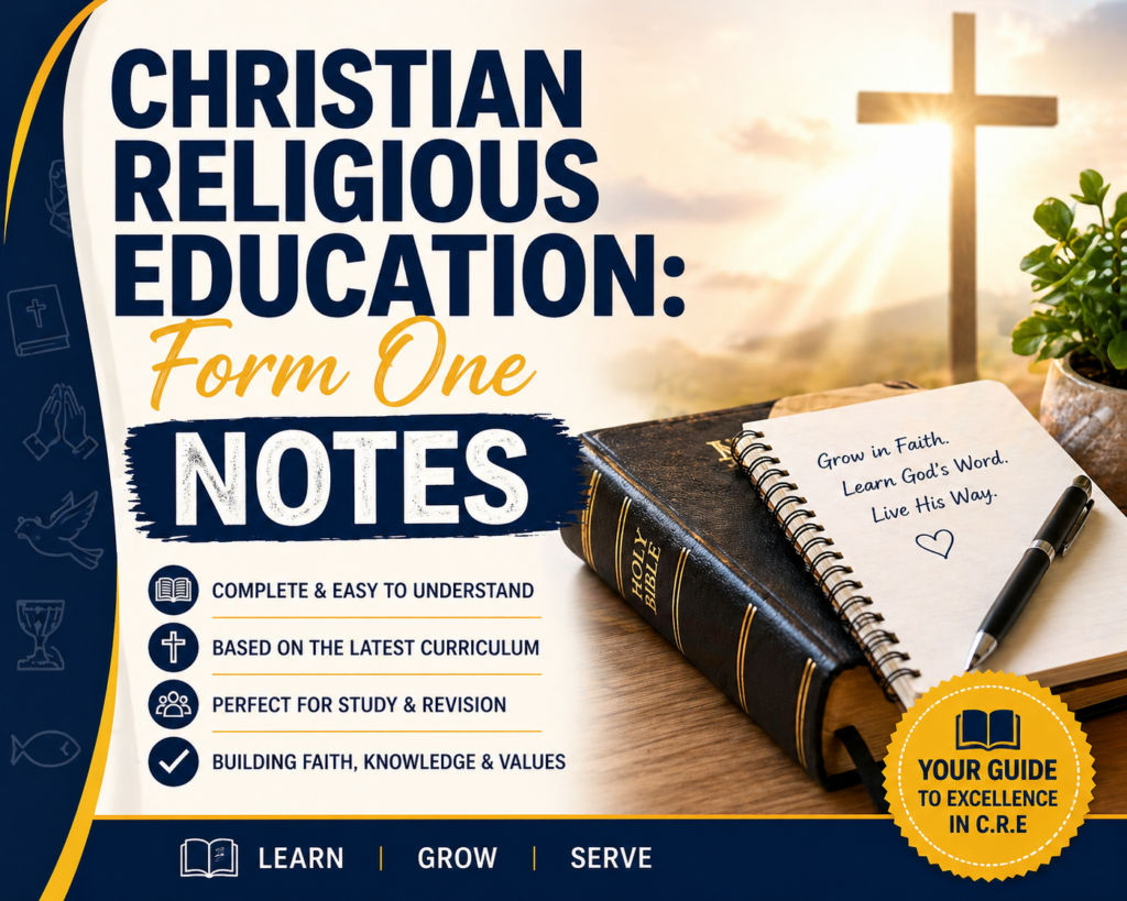 Printable CRE Form One notes document cover with title "Introduction to Christian Religious Education," KICD curriculum badge, and Bible verse Psalm 119:105.