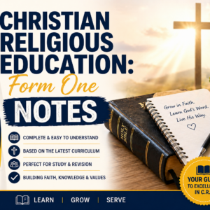 Printable CRE Form One notes document cover with title "Introduction to Christian Religious Education," KICD curriculum badge, and Bible verse Psalm 119:105.