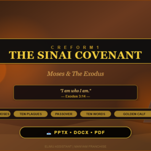 CRE Form 1 The Sinai Covenant featured image with burning bush, Mount Sinai, Bible verse Exodus 3:14, topics including Call of Moses, Ten Plagues, Passover, Ten Words, Golden Calf, Exodus, and file formats PPTX, DOCX, PDF.