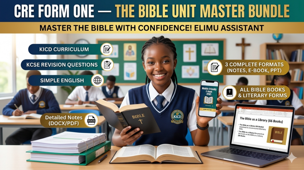Looking for CRE Form One The Bible notes PDF? This complete guide covers why the Bible is the Word of God, the 66 books, and KCSE past papers. Download our CRE Form One The Bible notes PDF today and master the Bible unit.