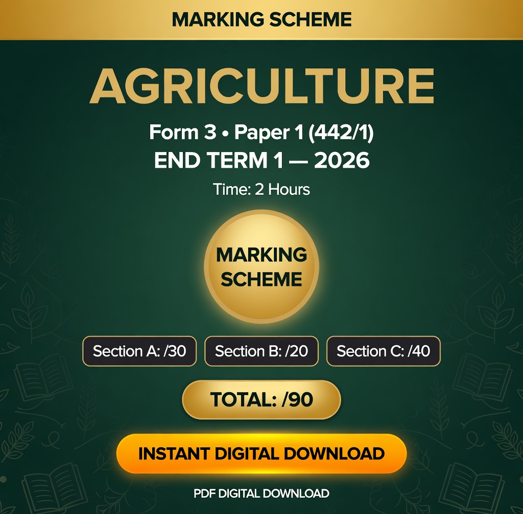 Agriculture Form 3 End Term 1 2026 exam paper with marking scheme. KCSE revision. PDF download KES 100. Sections A B C total 90 marks.