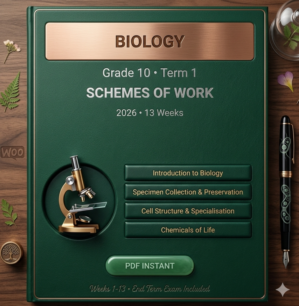 Grade 10 Biology Term 1 Schemes of Work 2026. Cell Biology: microscopy, cells, specimen preservation, chemicals of life. CBC aligned. KES 50 PDF.