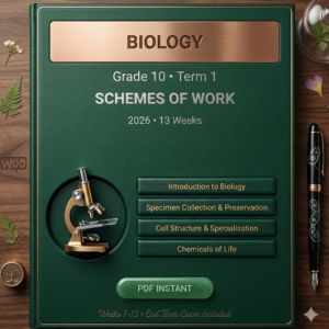 Grade 10 Biology Term 1 Schemes of Work 2026. Cell Biology: microscopy, cells, specimen preservation, chemicals of life. CBC aligned. KES 50 PDF.