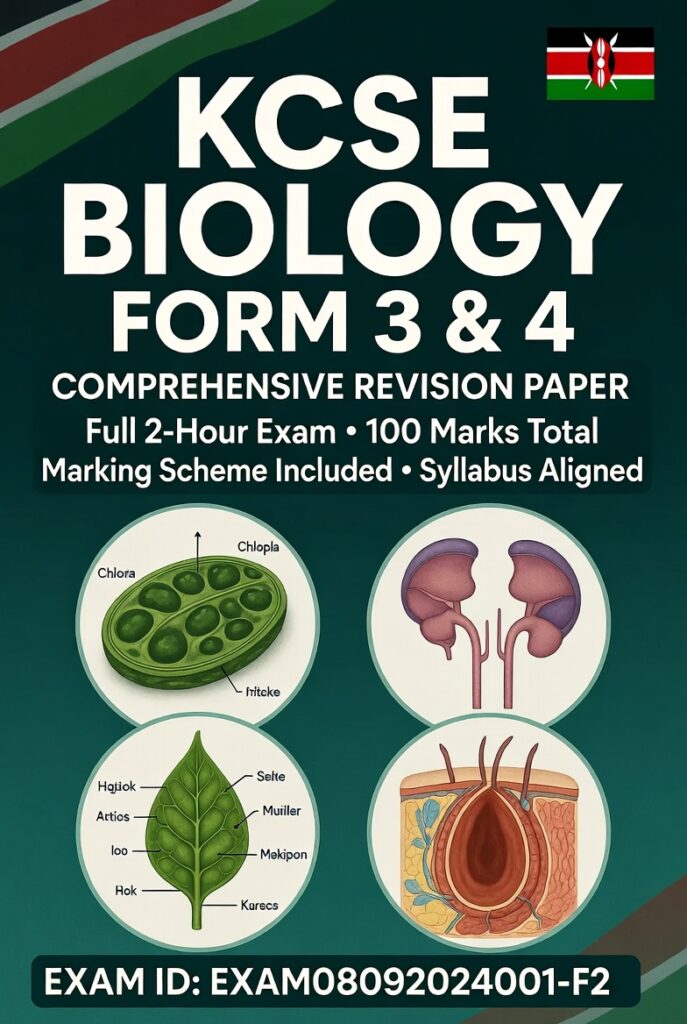 KCSE Biology Form 3 & 4 Revision Paper with full marking scheme. Exam cover with microscope graphic and WhatsApp delivery info.