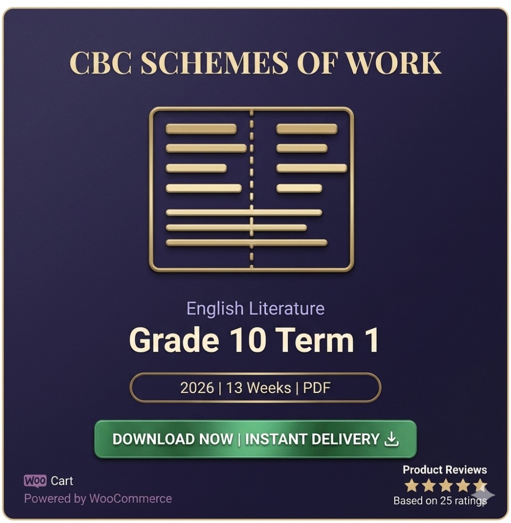 Grade 10 Term 1 English Literature Schemes of Work 2026 PDF. CBC compatible. Oral Literature, Poetry, Fiction, Non-Fiction. KES 50.