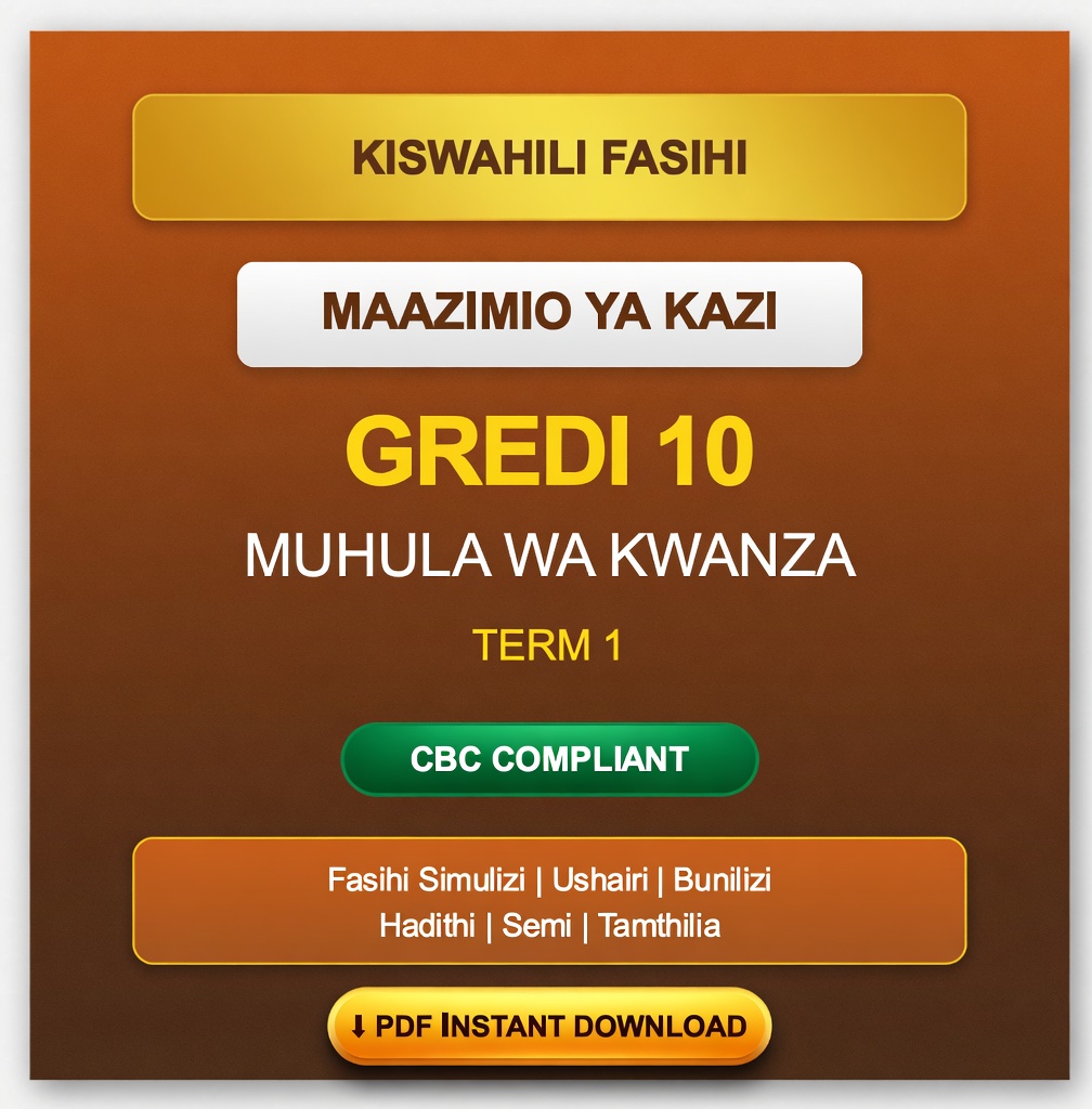 Grade 10 CBC Kiswahili Fasihi Schemes of Work Term 1. Complete Maazimio ya Kazi for Fasihi Simulizi, Ushairi, Bunilizi. PDF download KES 50.