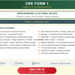 CRE Form 1 notes cover image: African Moral and Cultural Values. Topics include community and kinship, rites of passage (birth, initiation, marriage, death), religious specialists, 12 African moral values, continuity and change from traditional to modern, and KCSE past paper questions from 1990 to 2012. Available in PDF, DOCX and PPTX formats. Price KSh 50. Elimu Assistant revision materials.