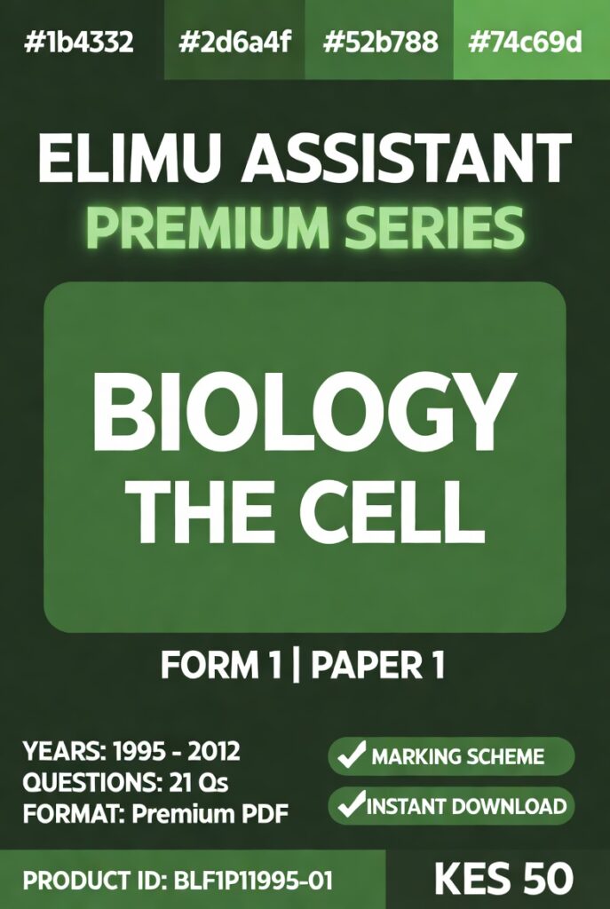Elimu Assistant Biology Form 1 The Cell topical premium revision kit product profile cover card featuring structural specifications and product ID BLF1P11995-01.