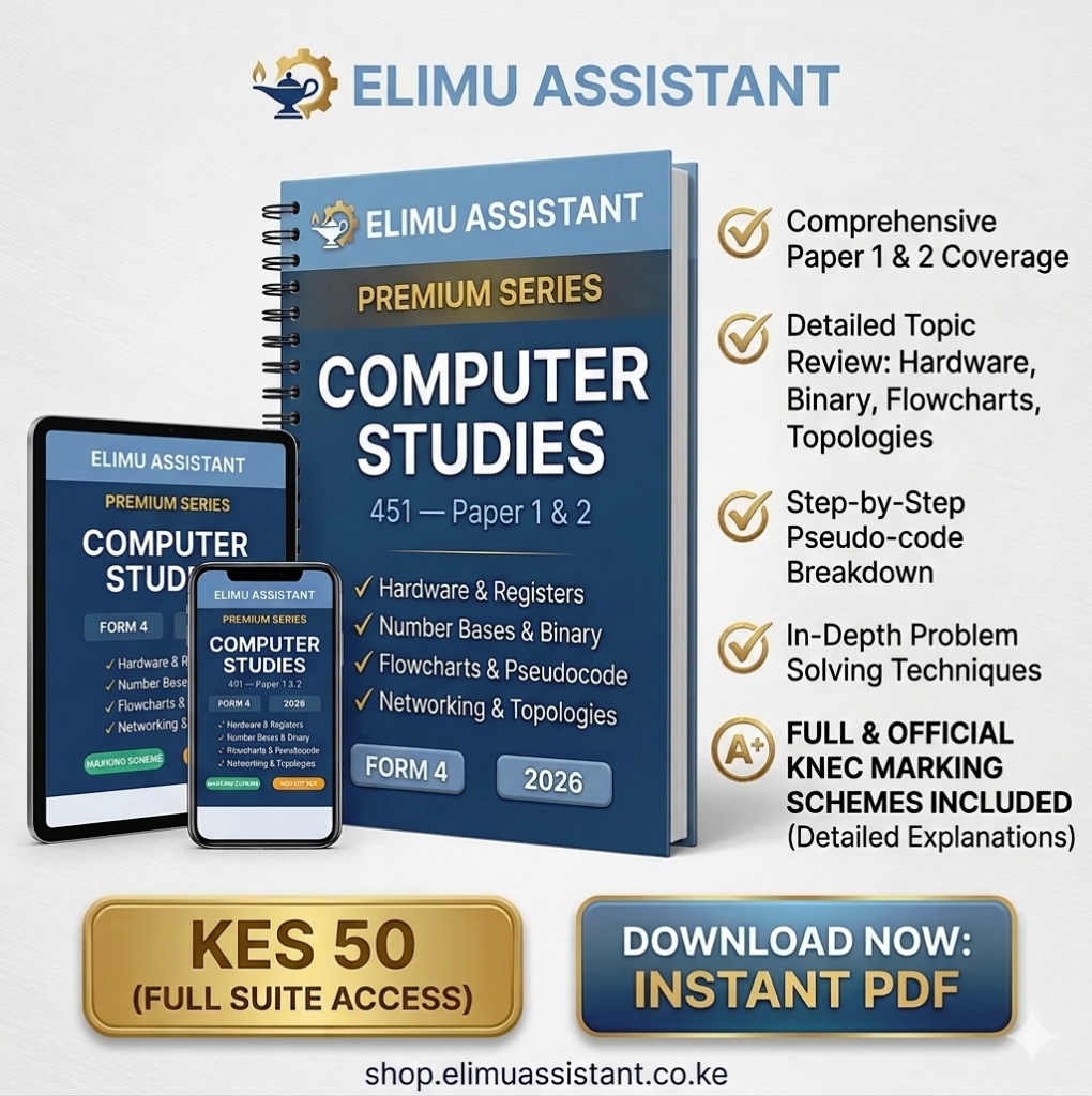 KCSE Computer Studies Form 4 revision master kit cover. Topics: Hardware, Number Systems, Programming, Networking. KES 50. Instant PDF.